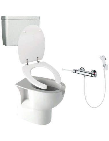 Kit de toilettes ergonomiques évacuation au sol av ec réservoir de chasse d'eau et abattant