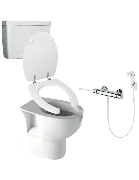 Kit de toilettes ergonomiques évacuation au sol av ec réservoir de chasse d'eau et abattant
