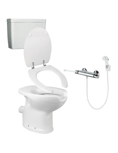 Kit de toilettes ergonomiques évacuation au mur av ec réservoir de chasse d'eau, abattant e t mélangeur thermostatique