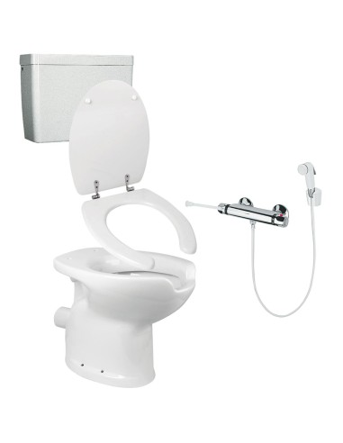 Kit de toilettes ergonomiques évacuation au mur av ec réservoir de chasse d'eau, abattant e t mélangeur thermostatique