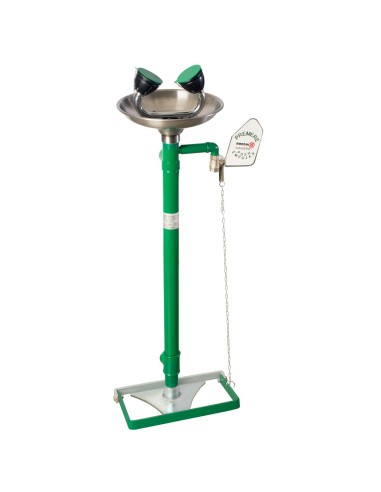 Lave-yeux d'urgence sur piédestal, double commande , vasque en ACIER INOXYDABLE