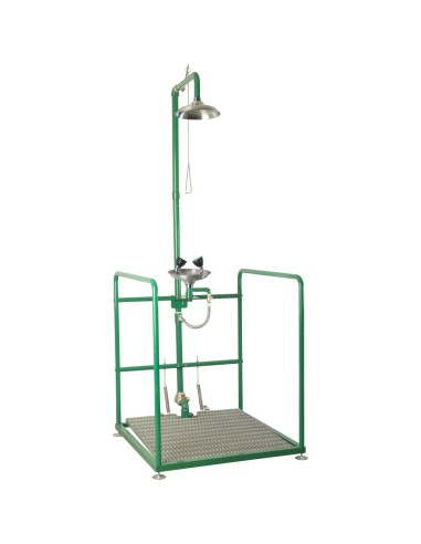 Plateforme d'urgence avec douche, lave-yeux valve  anti-gel. en acier inoxydable auto-drain age