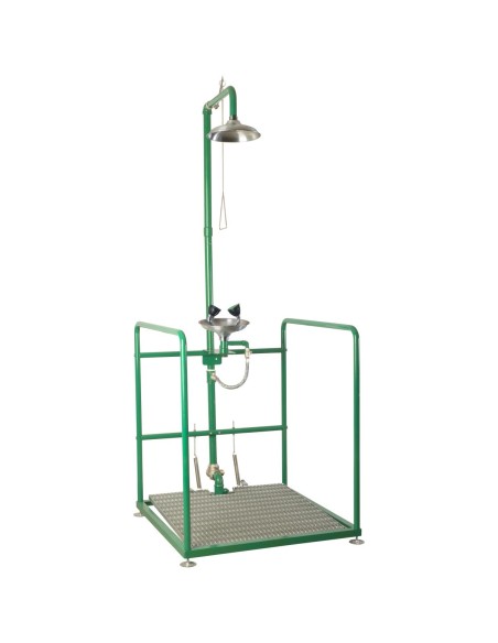 Plateforme d'urgence avec douche, lave-yeux valve  anti-gel. en acier inoxydable auto-drain age