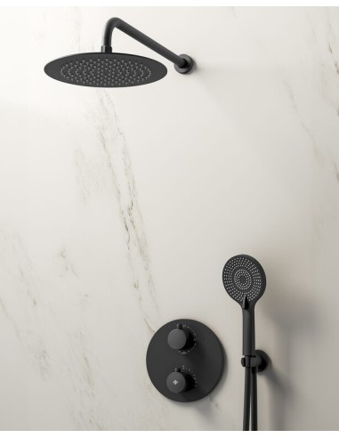 ROUND BLACK THERMOSTATIC CONCEALED SHOWER SET + TETE MURALE