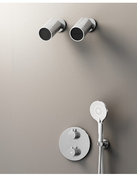 THERMOSTATIQUE DOUCHE ENCASTRÉ ROUND CHROME + TETES (PLUIE+CASCADE)