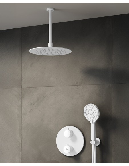 MITIGEUR DOUCHE THERMOSTATIQUE ROUND BLANC + TETE AU PLAFOND
