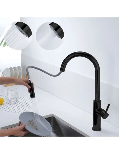 Mitigeur cuisine noir douchette extractible Inox | Sanitshop