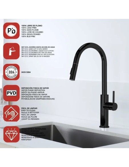 Mitigeur cuisine noir douchette extractible Inox | Sanitshop